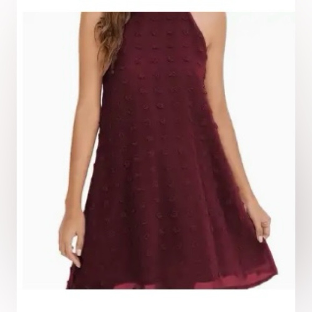 New Cocktail Wedding Guest Party Dress Swiss Dot Burgundy Flowy NEW Tie Beck